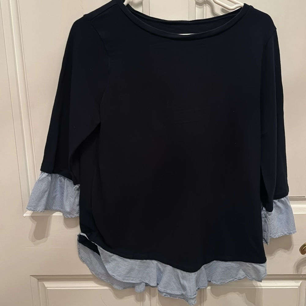 Loft navy top with striped ruffles M